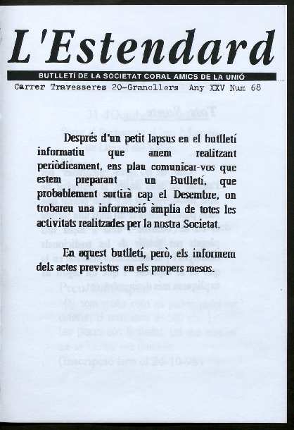 L'Estendard (Butlletí Societat Coral Amics de la Unió), 10/1998 [Issue]