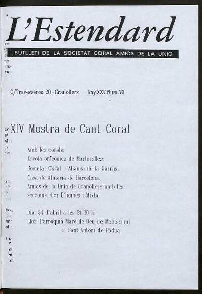 L'Estendard (Butlletí Societat Coral Amics de la Unió), 4/1999 [Ejemplar]