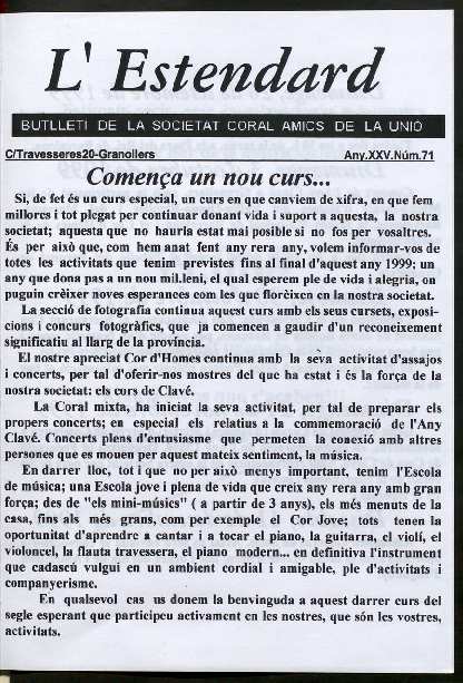 L'Estendard (Butlletí Societat Coral Amics de la Unió), 9/1999 [Issue]