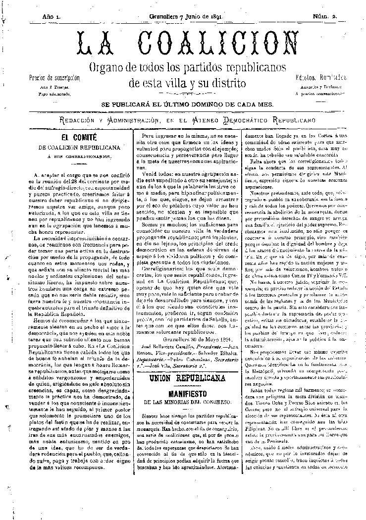 La Coalición, 7/6/1891 [Ejemplar]
