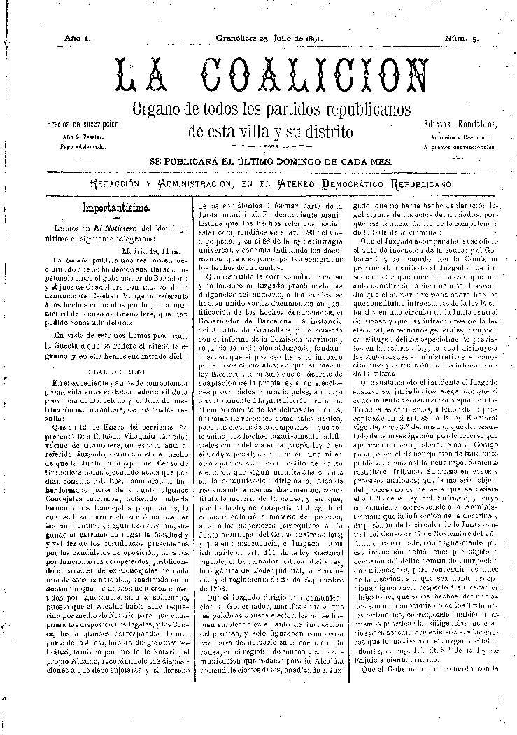 La Coalición, 25/7/1891 [Ejemplar]