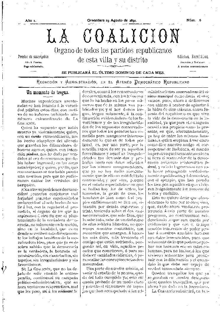 La Coalición, 23/8/1891 [Issue]
