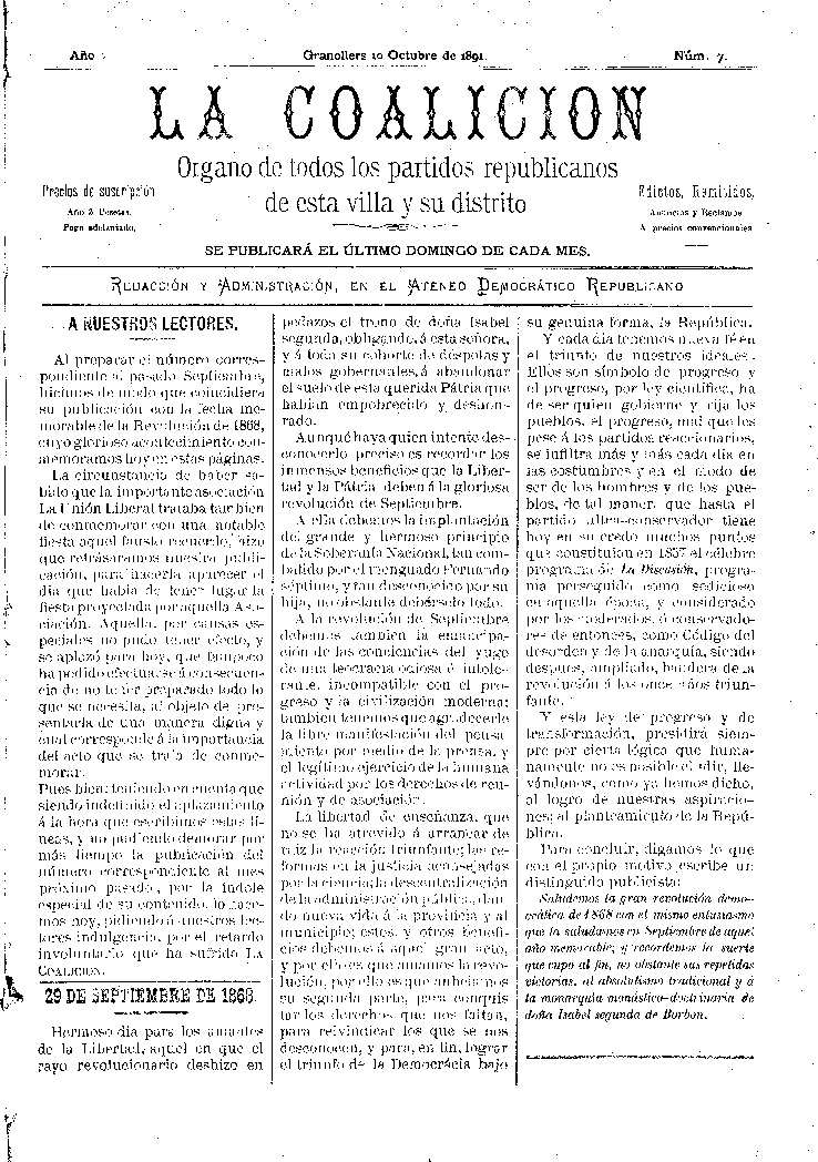 La Coalición, 10/10/1891 [Ejemplar]