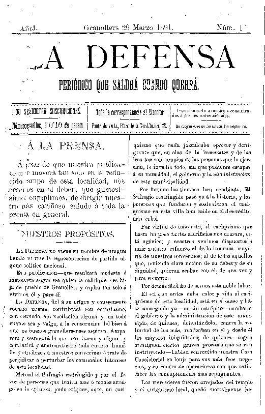 La Defensa, 29/3/1891 [Issue]