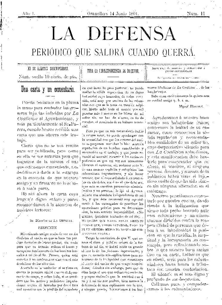 La Defensa, 14/6/1891 [Issue]