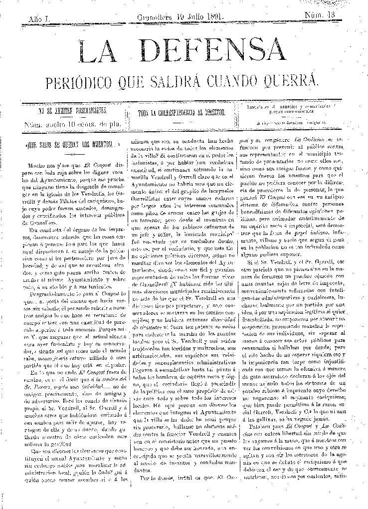 La Defensa, 19/7/1891 [Issue]