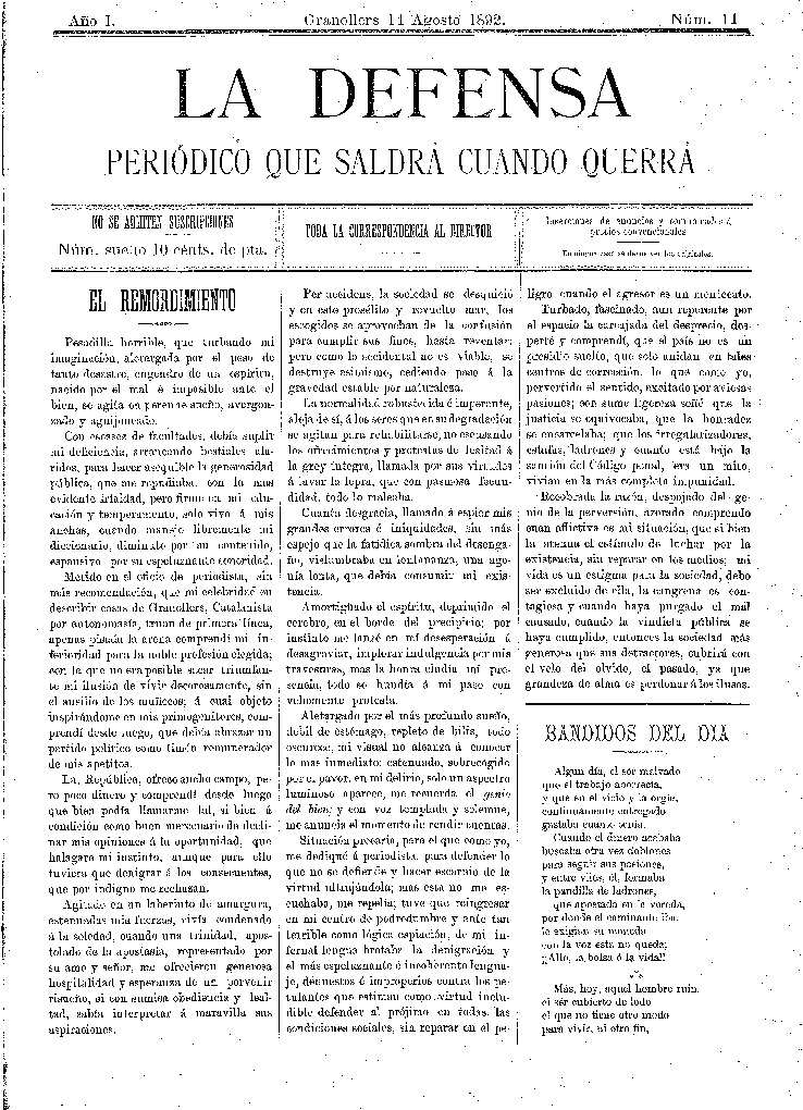 La Defensa, 14/8/1892 [Issue]