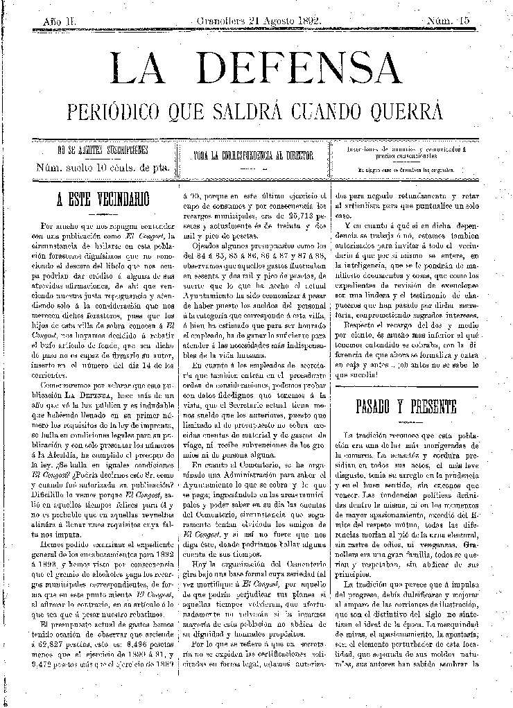 La Defensa, 21/8/1892 [Issue]