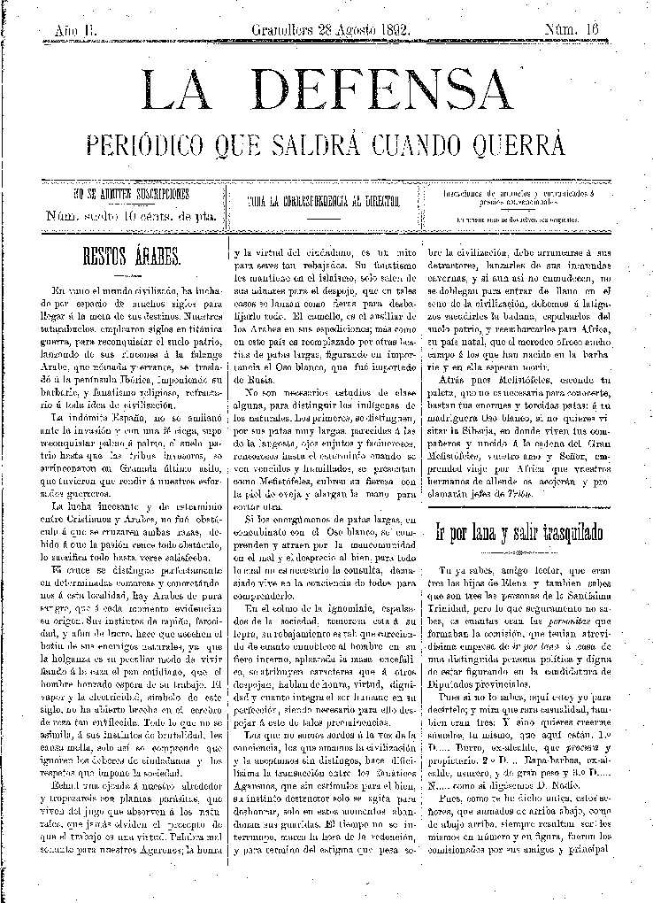La Defensa, 28/8/1892 [Issue]