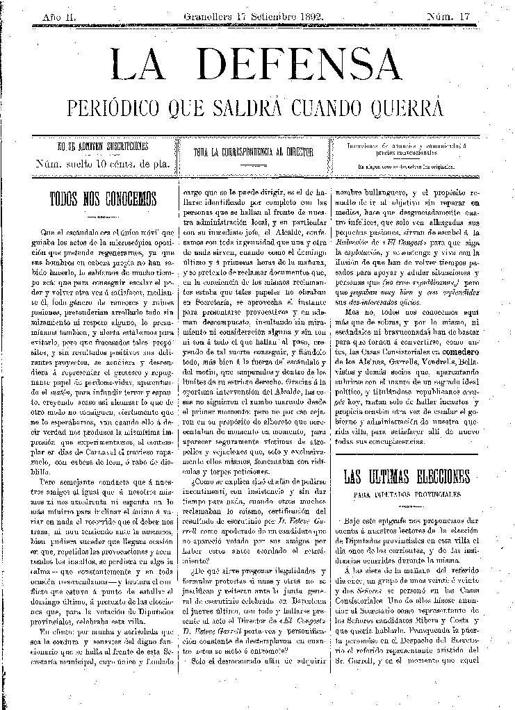 La Defensa, 17/9/1892 [Issue]