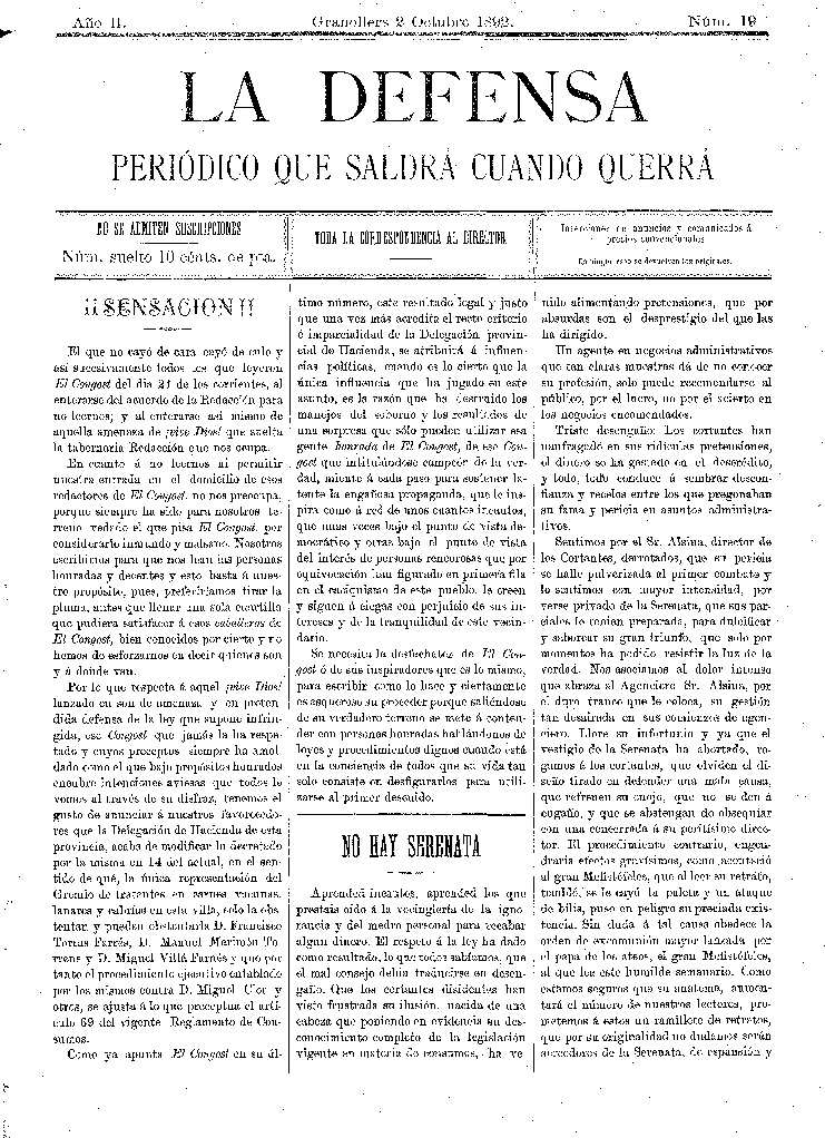 La Defensa, 2/10/1892 [Issue]