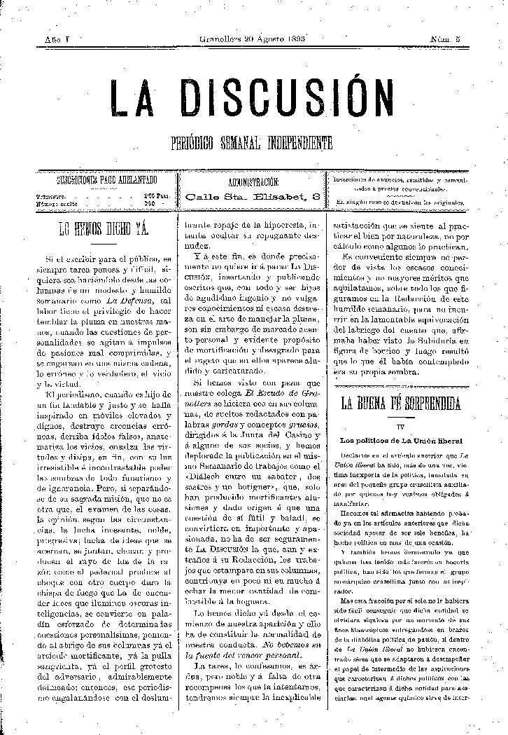 La Discusión, 20/8/1893 [Ejemplar]