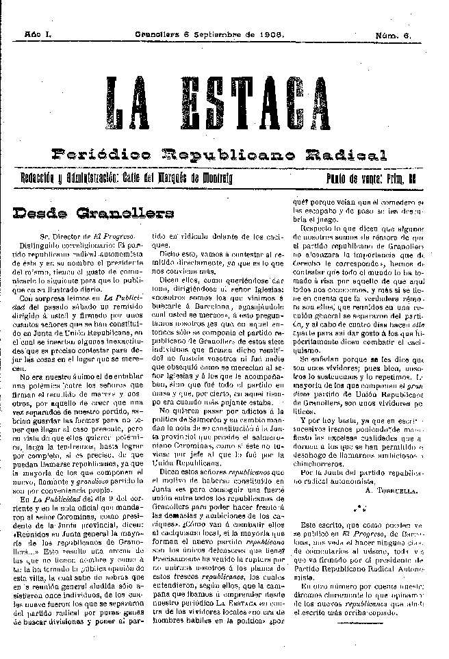 La Estaca, 6/9/1908 [Issue]