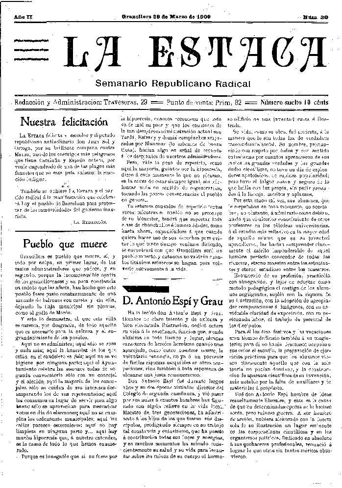 La Estaca, 28/3/1909 [Issue]