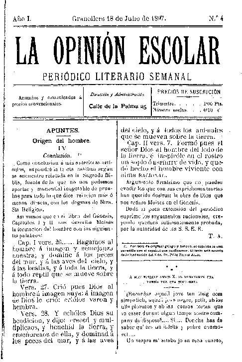 La Opinión Escolar, 18/7/1897 [Exemplar]