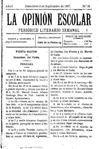 La Opinión Escolar, 29/8/1897 [Exemplar]
