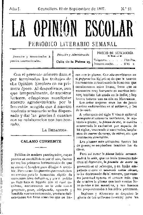 La Opinión Escolar, 19/9/1897 [Exemplar]