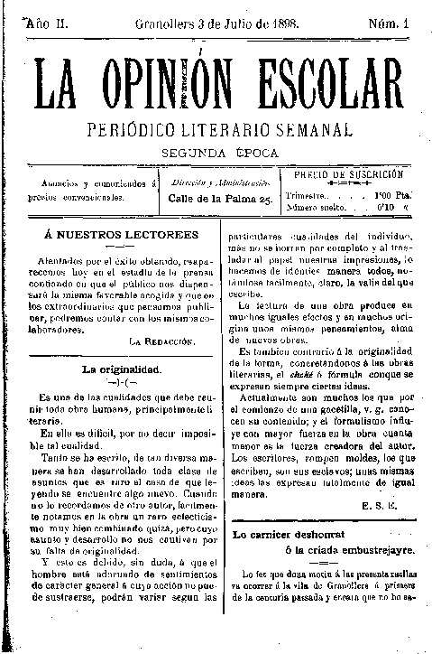 La Opinión Escolar, 3/7/1898 [Exemplar]