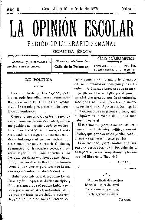 La Opinión Escolar, 10/7/1898 [Exemplar]