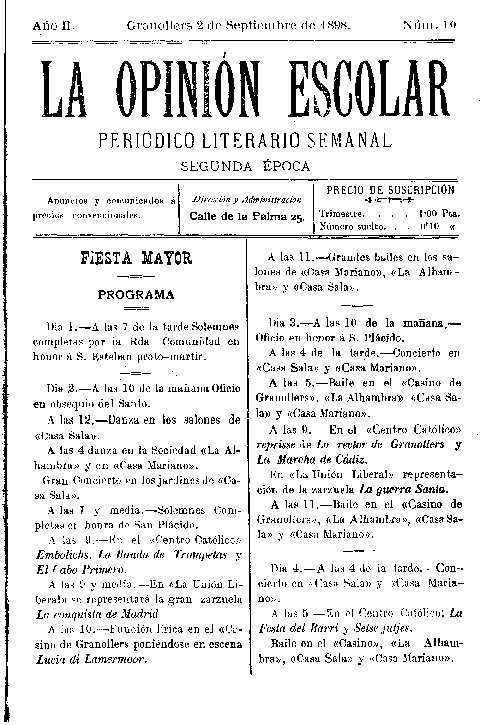 La Opinión Escolar, 2/9/1898 [Exemplar]