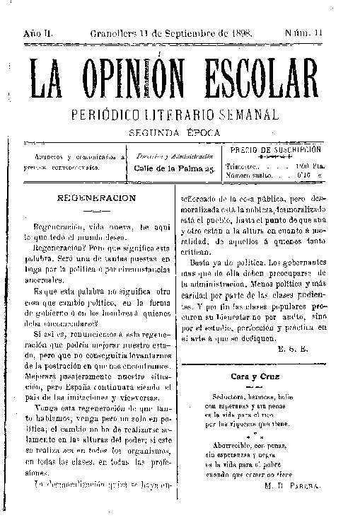 La Opinión Escolar, 11/9/1898 [Exemplar]