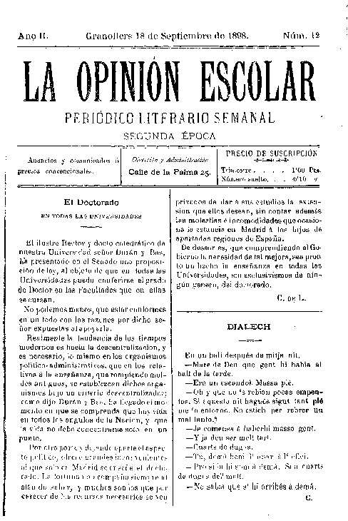 La Opinión Escolar, 18/9/1898 [Exemplar]