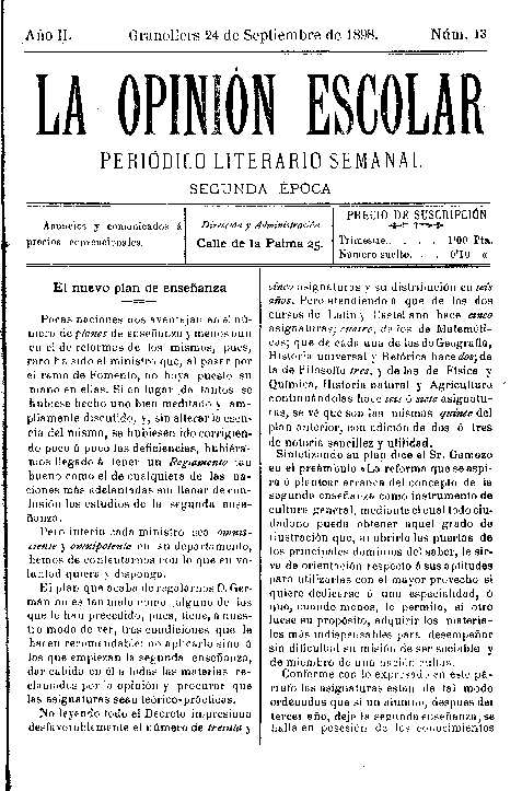 La Opinión Escolar, 24/9/1898 [Exemplar]
