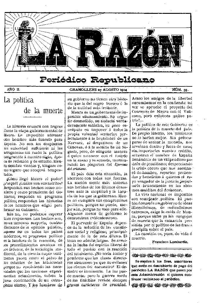 La Razón, 27/8/1904 [Issue]
