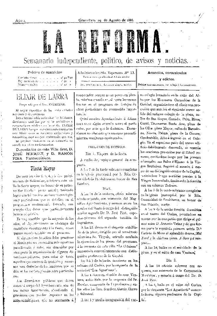 La Reforma, 29/8/1886 [Ejemplar]