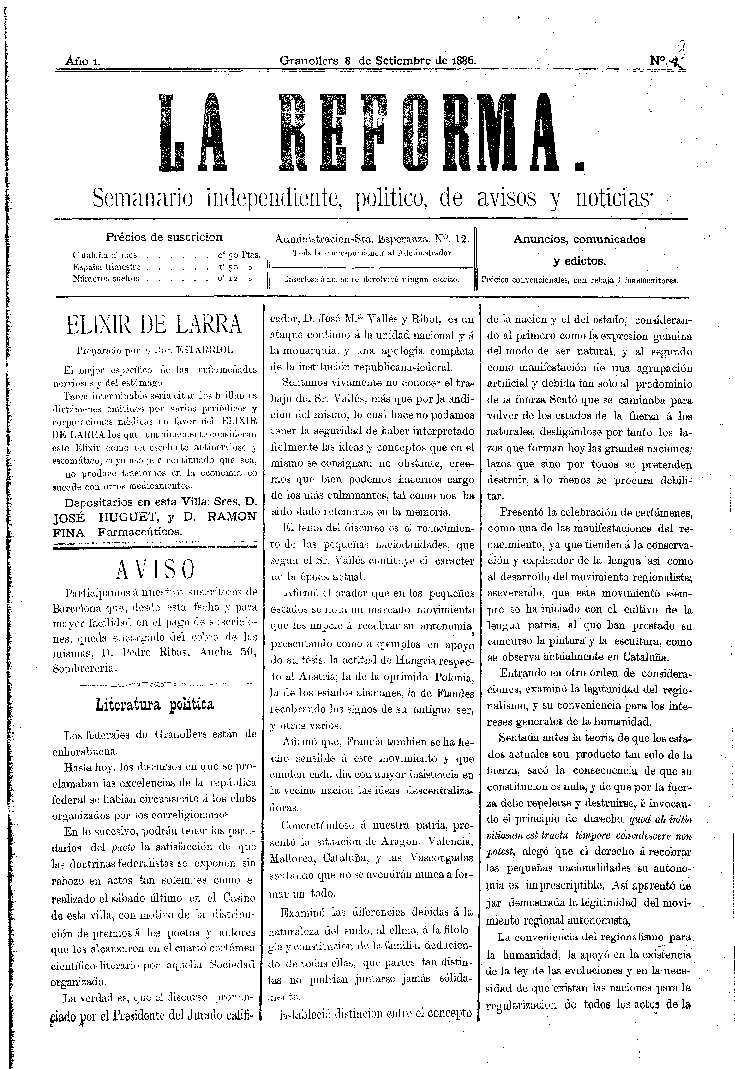 La Reforma, 8/9/1886 [Issue]
