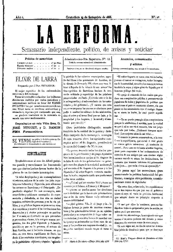 La Reforma, 19/9/1886 [Issue]