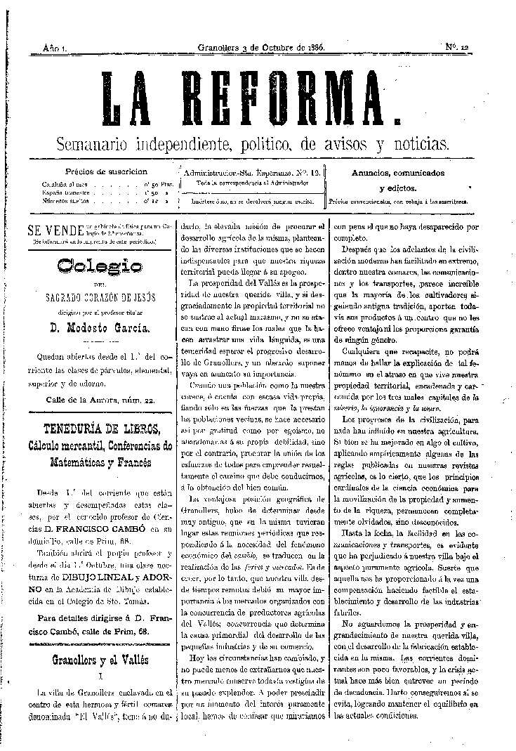 La Reforma, 3/10/1886 [Exemplar]