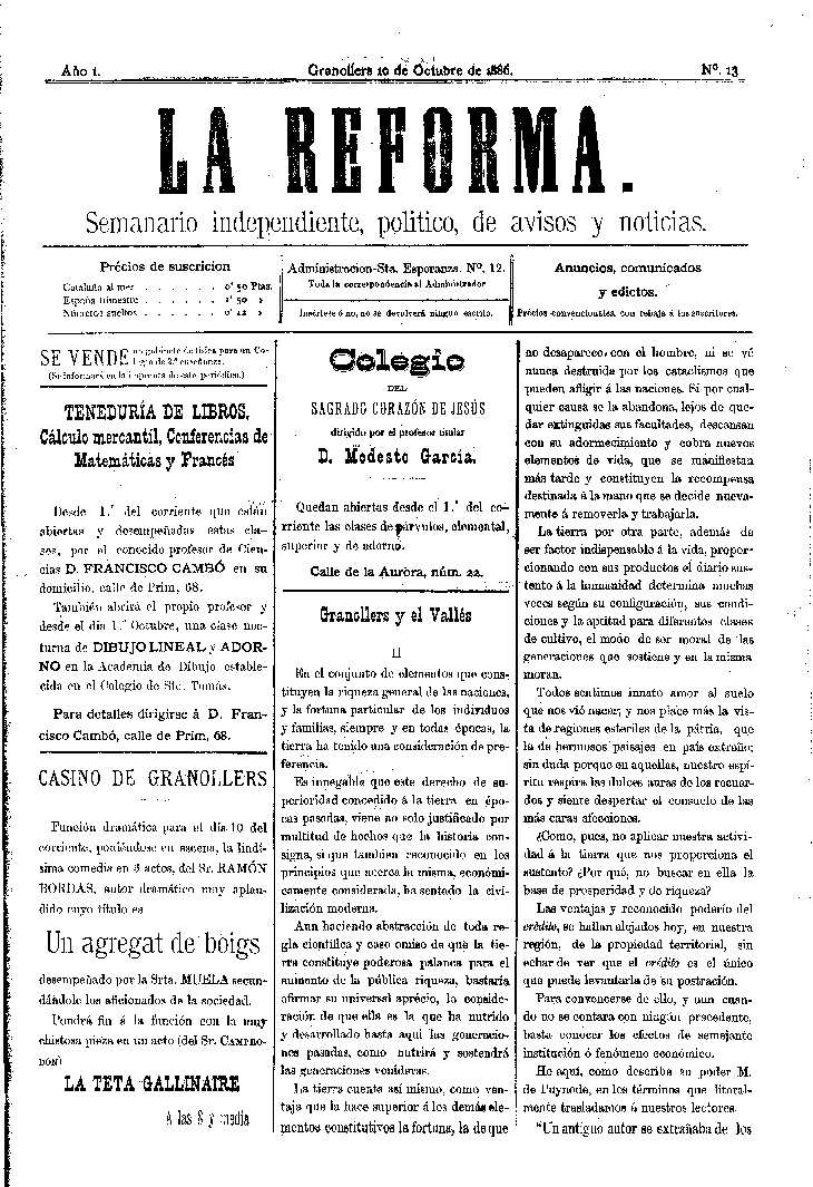 La Reforma, 10/10/1886 [Ejemplar]