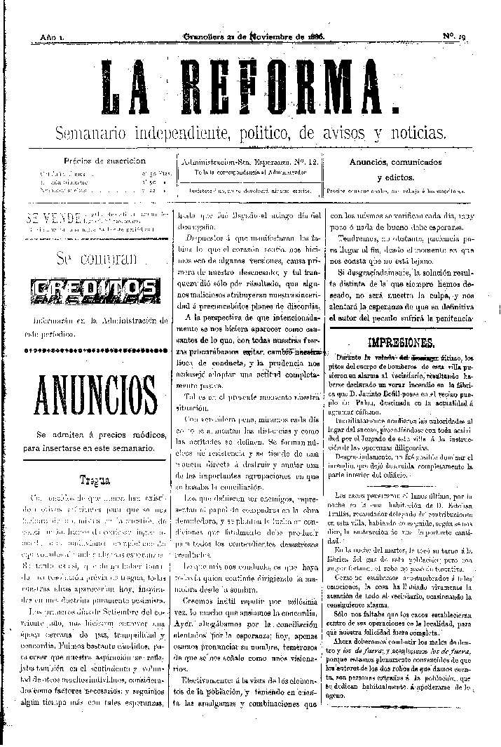 La Reforma, 21/11/1886 [Ejemplar]
