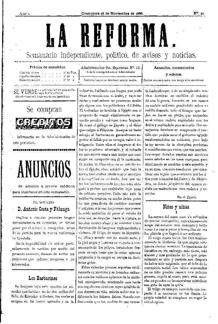 La Reforma, 28/11/1886 [Ejemplar]