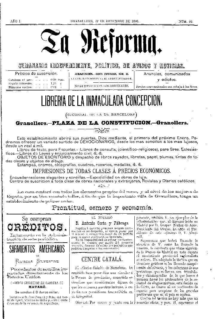 La Reforma, 12/12/1886 [Ejemplar]