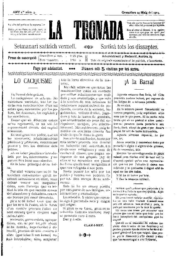La Tronada, 14/5/1904 [Issue]