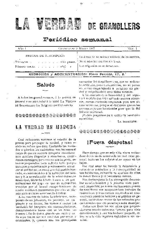La Verdad de Granollers, 9/3/1907 [Issue]