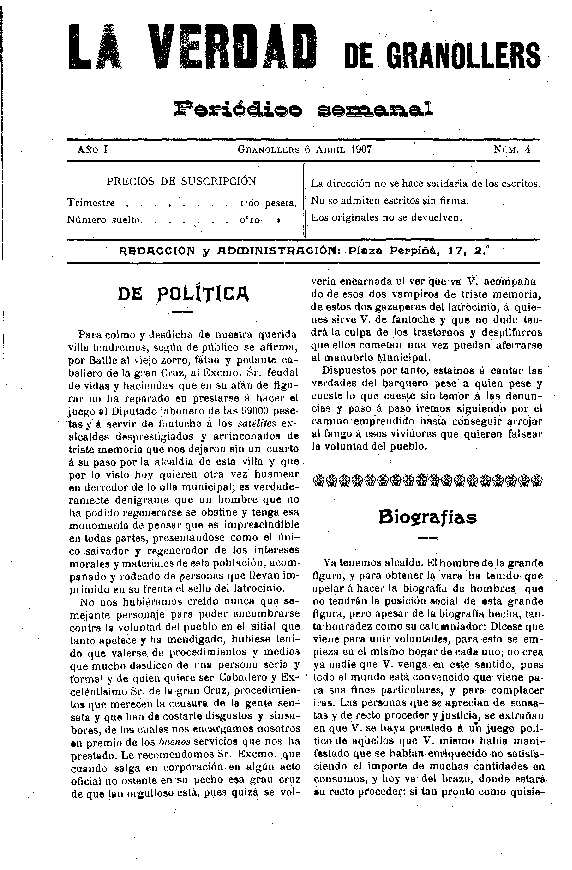 La Verdad de Granollers, 6/4/1907 [Issue]