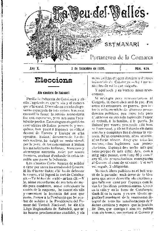 La Veu del Vallès, 9/9/1905 [Issue]