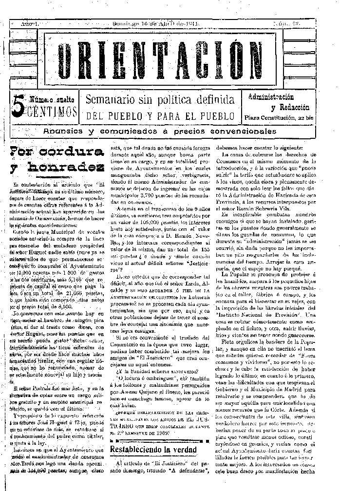 Orientación, 16/4/1911 [Exemplar]