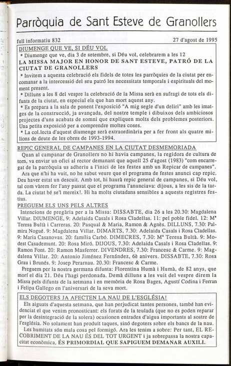 Parròquia de Sant Esteve, 27/8/1995 [Exemplar]