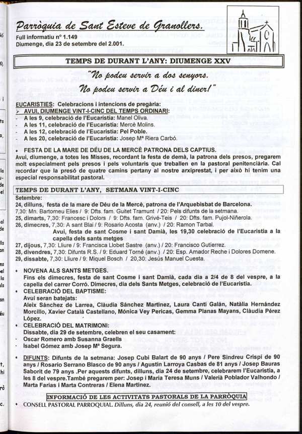Parròquia de Sant Esteve, 23/9/2001 [Issue]