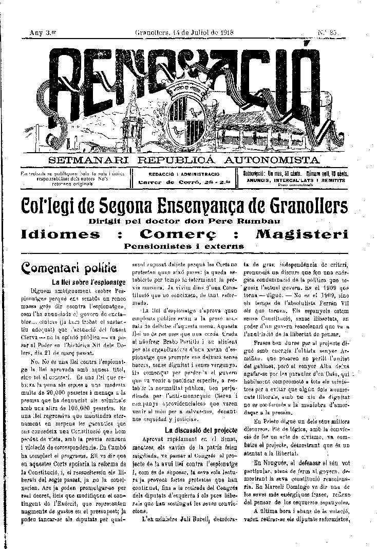Renovació, 14/7/1918 [Issue]