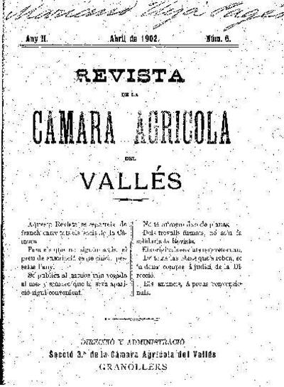 Revista de la Càmara Agrícola del Vallès, 1/4/1902 [Issue]