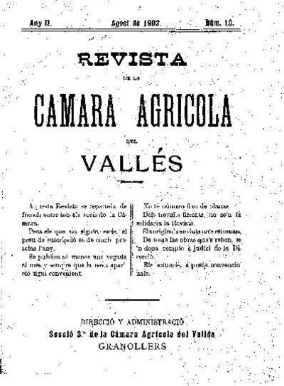 Revista de la Càmara Agrícola del Vallès, 1/8/1902 [Ejemplar]