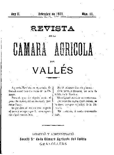 Revista de la Càmara Agrícola del Vallès, 1/9/1902 [Exemplar]