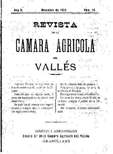 Revista de la Càmara Agrícola del Vallès, 1/11/1902 [Ejemplar]