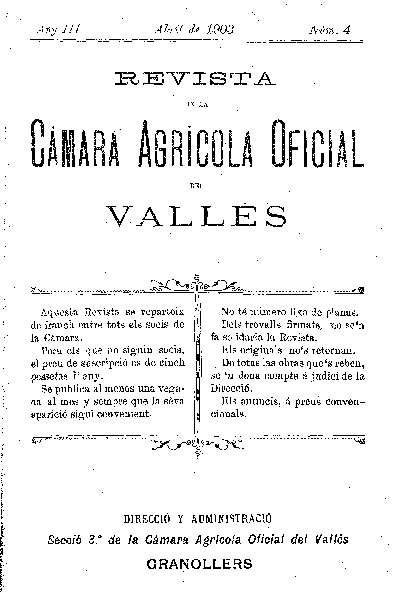 Revista de la Càmara Agrícola del Vallès, 1/4/1903 [Exemplar]
