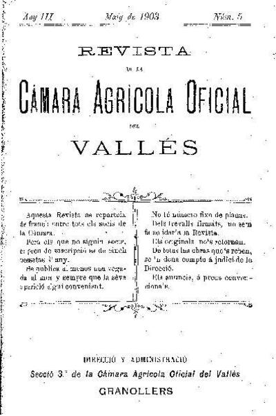 Revista de la Càmara Agrícola del Vallès, 1/5/1903 [Ejemplar]